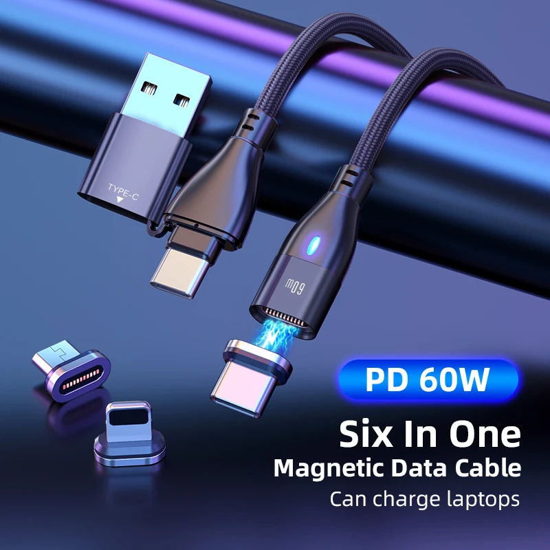 멜론보이 마그네틱 USB C 케이블 와이어 충전기, 휴대폰 충전 코드, USB 데이터 케이블, 노트북, 삼성, 화웨이, 아이폰용, 6 인 1 케이블, 60W