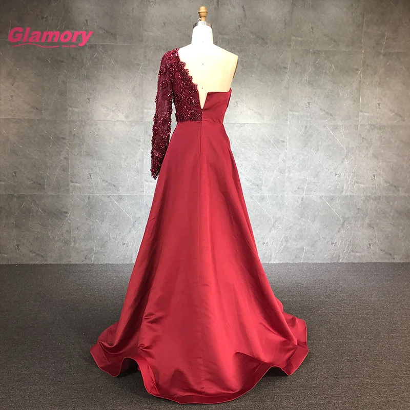 Burgund Eine Schulter 3D Perlen Spitze Sexy Abendkleider Lange EINE Linie Satin Formale Prom Kleider