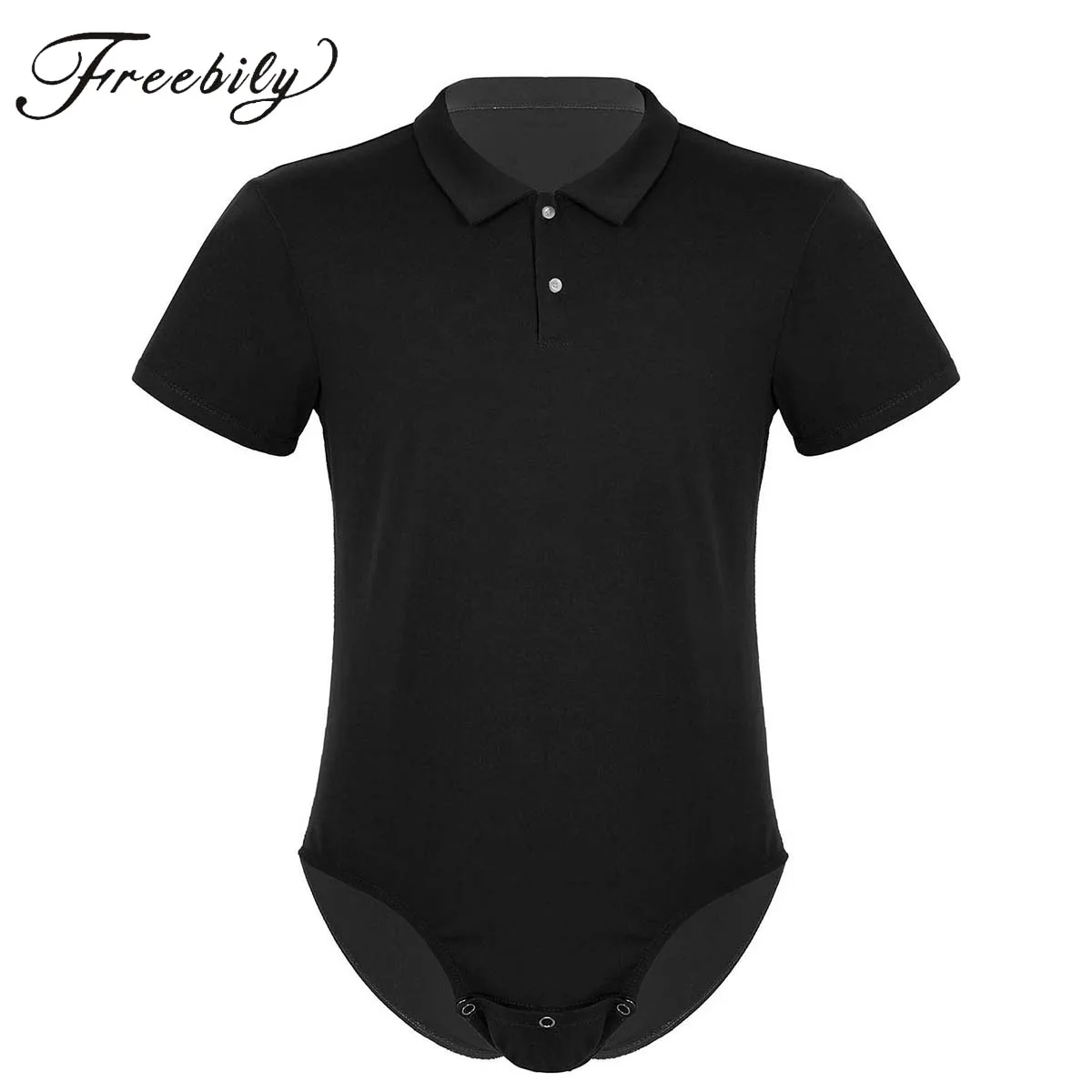 Men Turn-down Collar Bodysuit Romper Pajamas Sexy Short Sleeves One-piece Snap Crotch Homewear Nightwear