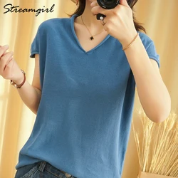 Woman T-shirts For Women 2021 Summer V-neck Knitted T Shirt Women Basic Black Cotton Tshirts Women's T-shirts Short Sleeve 2021