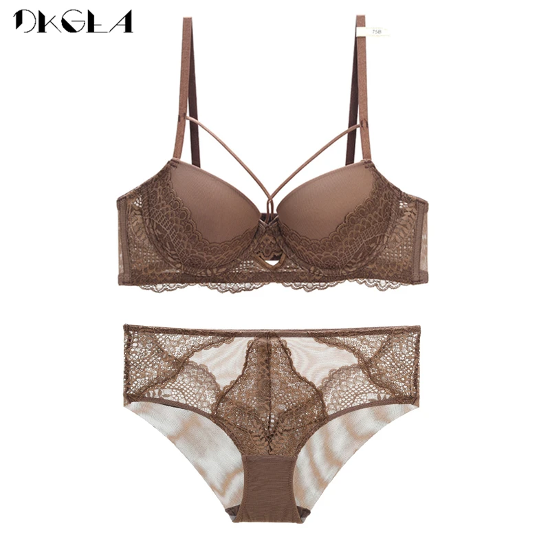 Bandage Sexy Underwear Set Women Brassiere Gather Cotton Thick Brown Embroidery Push Up Bra Set Lace Lingerie A B C D Cup Bras