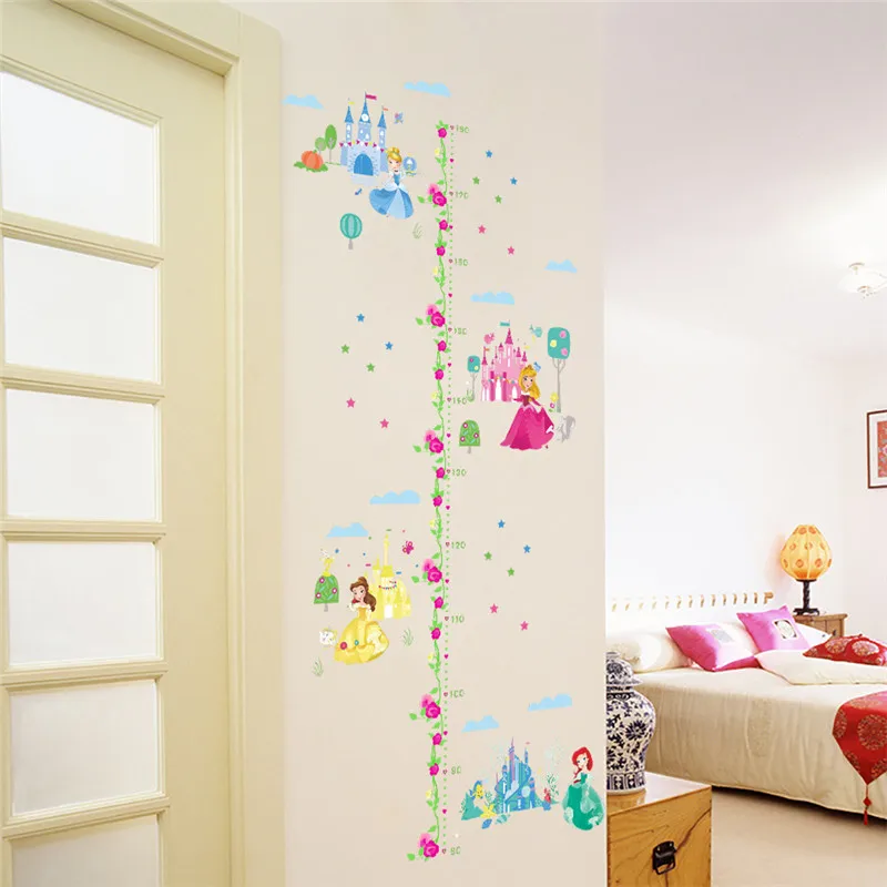 Cartoon Princess Castle Height Measure Wall Stickers For Kids Room 3d vivid Flower Butterfly cupboard Home Decoration Growth