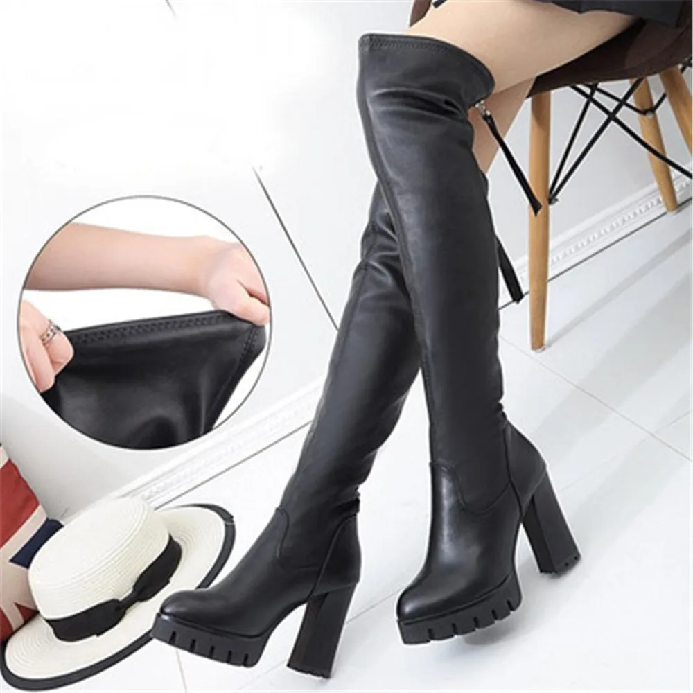 2024 New Autumn Early  Winter Long Tube Slim Boots Women Leather 10CM High Heel Elastic Over The Knee Boots Plush Fashion Pumps