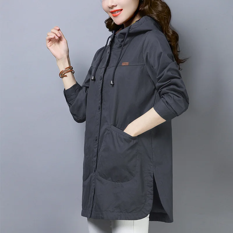 

Fashion Women's Trench Coat 2023 Autumn New Female Plus size Loose Solid color Hooded Coat Casual Female Cotton Windbreaker Tops