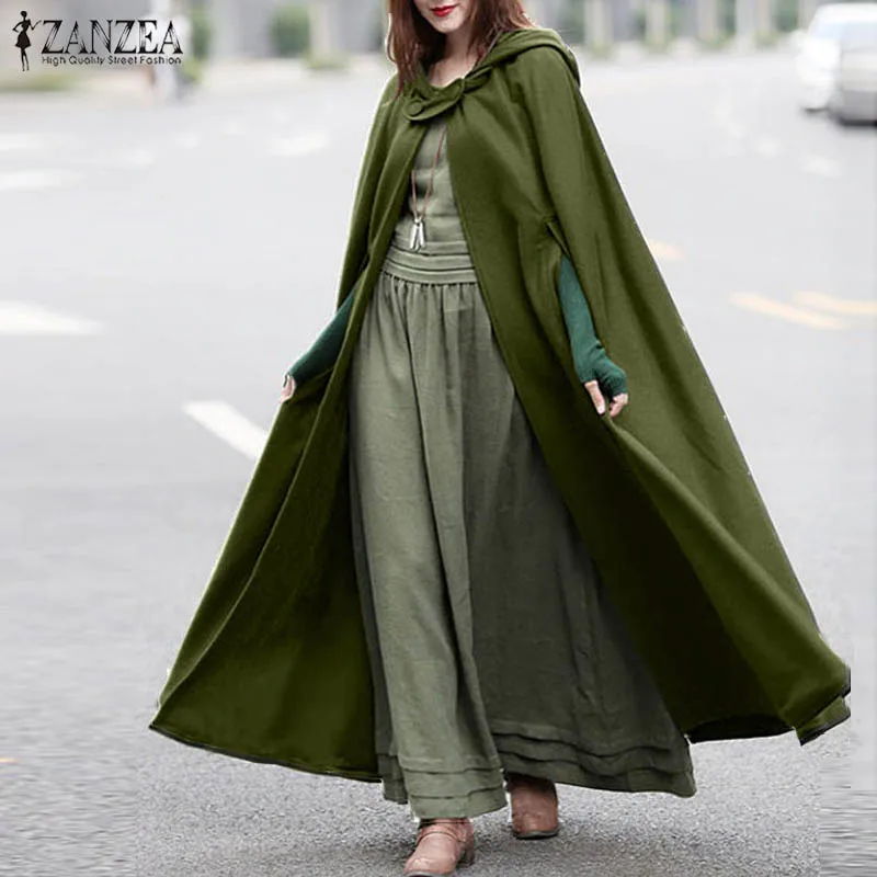 

ZANZEA Women Stylish Long Cape Cloak Hooded Wool Blend Cloak Coat Autumn Hoodies Poncho Warm Cosplay Jackets Outwear Windbreaker