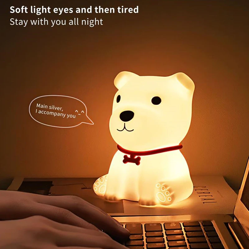 Lámpara de escritorio recargable por USB para niños, luz de noche de silicona con bonito cachorro, iluminación ajustable de Color, para dormir, regalos