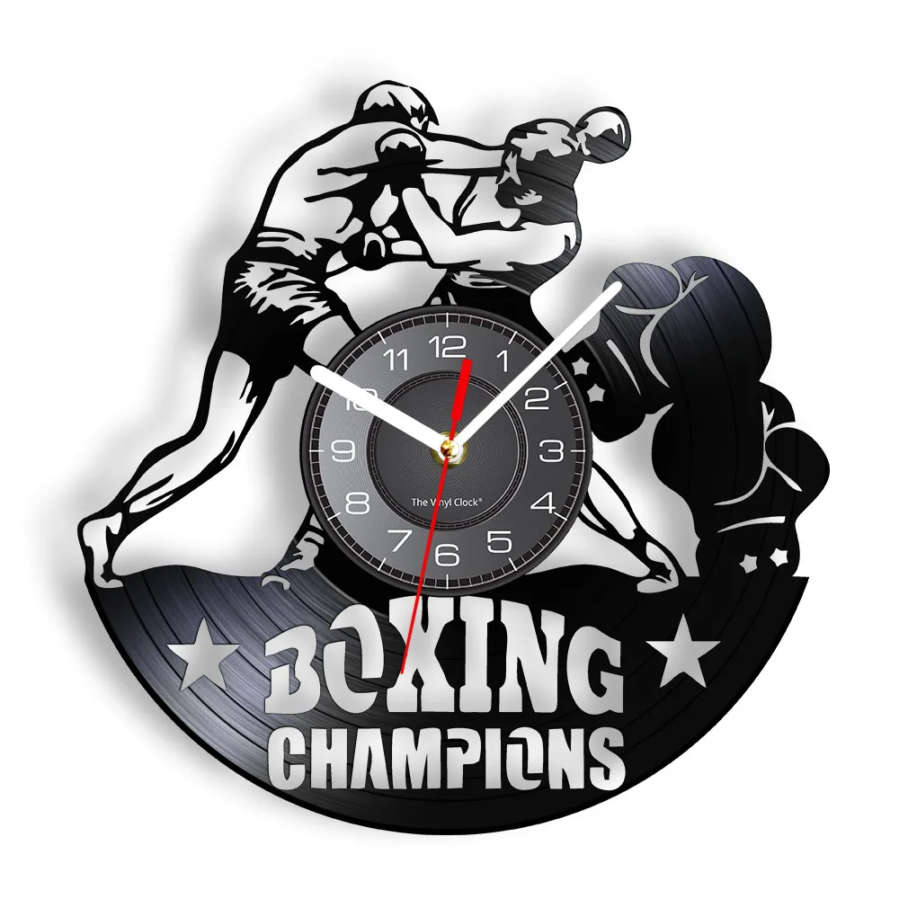 

Boxing Match Champions Vintage Album Record Wall Clock Motivational Fighting Sports Home Decor Silent Timepieces Fight Fans Gift