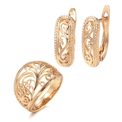 Kinel Hot Trendy Ethnic Bride Earrings Ring Sets for Women 585 Rose Gold Hollow Pattern Vintage Wedding Jewelry Sets Luxury Gift