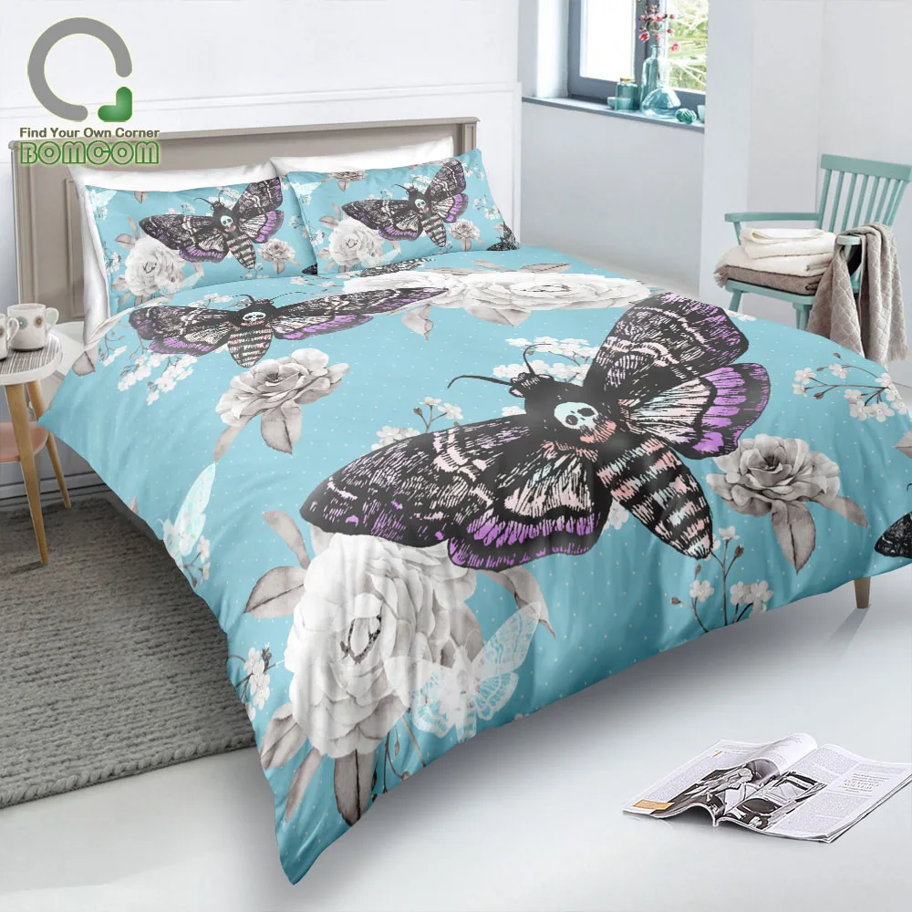 BOMCOM 3D Digital Printing Duvet Cover Set Death's Head Hawk Moth Watercolor Flower Roses Branches Blue (NO Comforter) 1 Duvet C