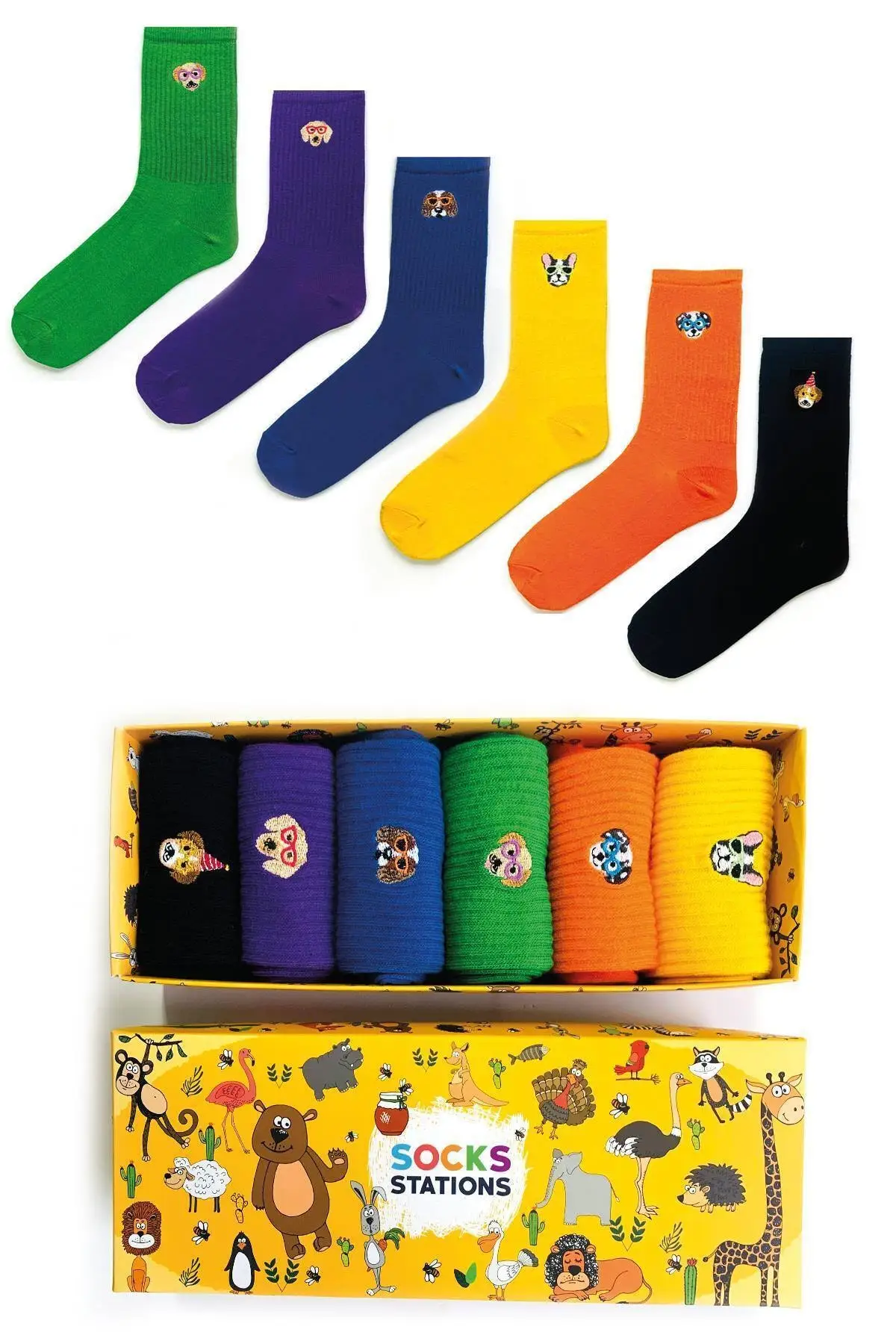 6 double Dog Embroideried Colorful Socks Box