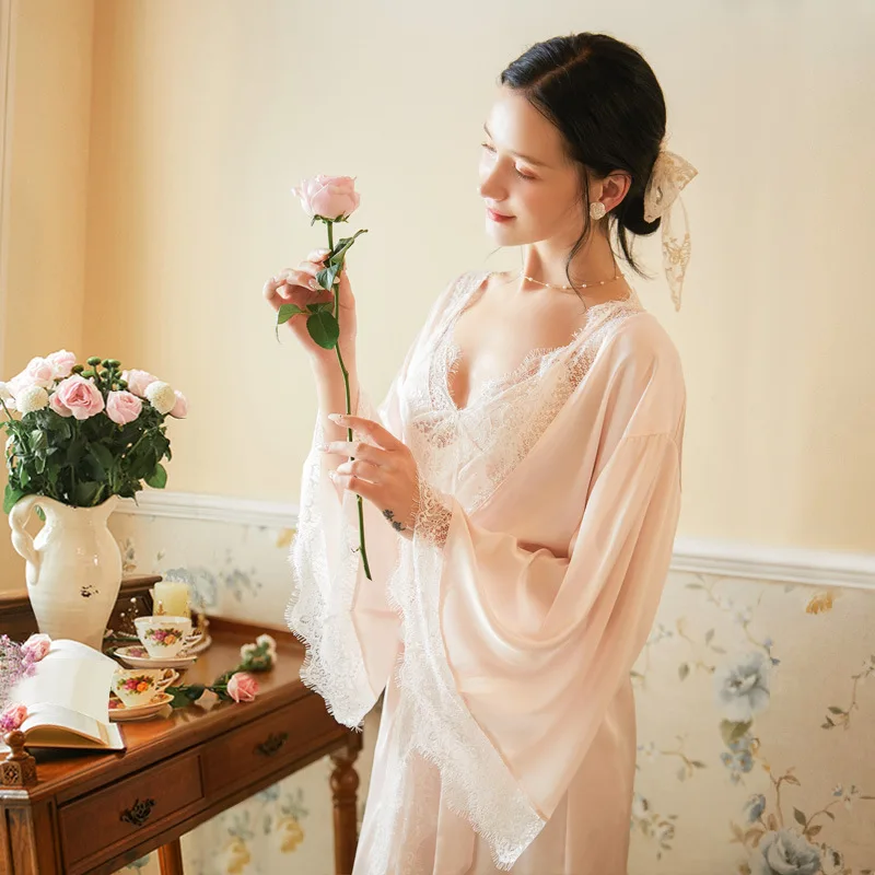 Robes Sets Solid Kimono 2pcs Robe Fashion Bathrobe Pink Sleepwear Peignoir Wedding Robes Bridesmaid Robes