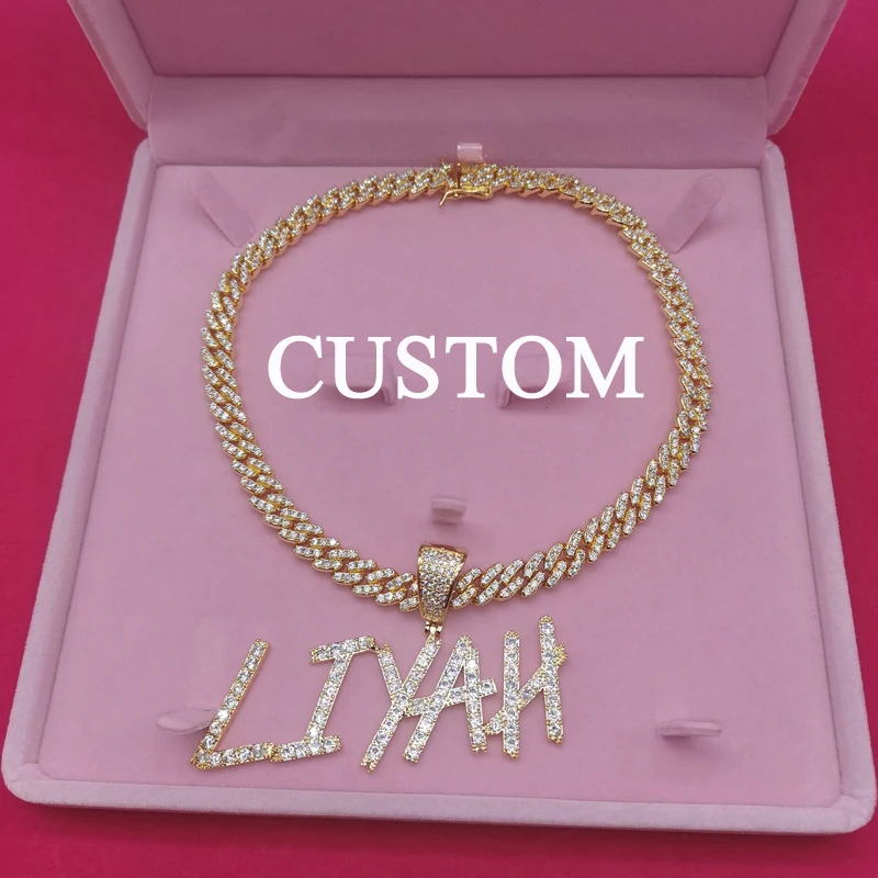 Custom Name Necklace  with 9MM Zircon Cuban Chain for Women Men Sharp Bubble Letters Pendant Hip Hop Jewelry