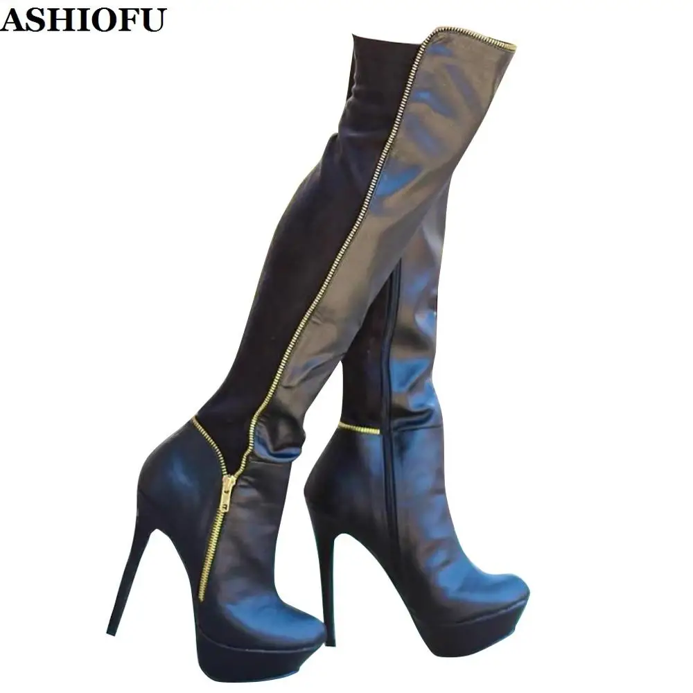 

ASHIOFU Handmade New Womens High Heel Over Knee Boots Patchwork Round Platform Thigh High Boots Winter Fashion Evening Boots