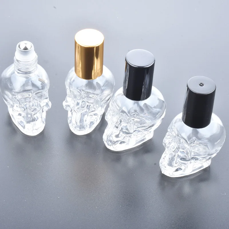 20pcs/Lot 8ml Skull Roll on Bottle Sample Test Essential Oil Vials with Roller Metal Clear Perfume Cosmetic Containers