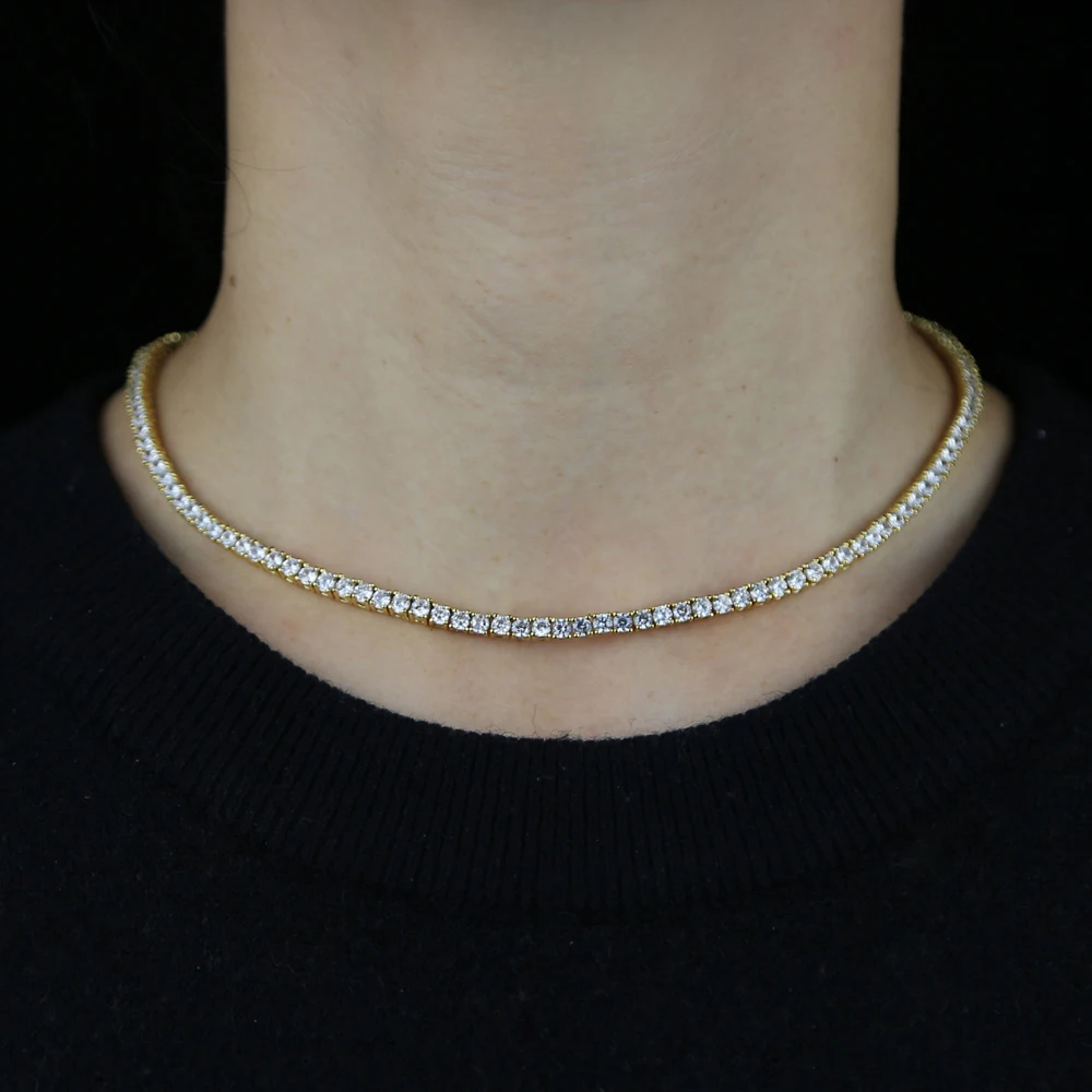 New Thin 3mm CZ 1 Row Shiny Tennis Chain Necklace Hip Hop Iced Out Bling Cubic Zircon Choker Jewelry Gold Color For Women Men