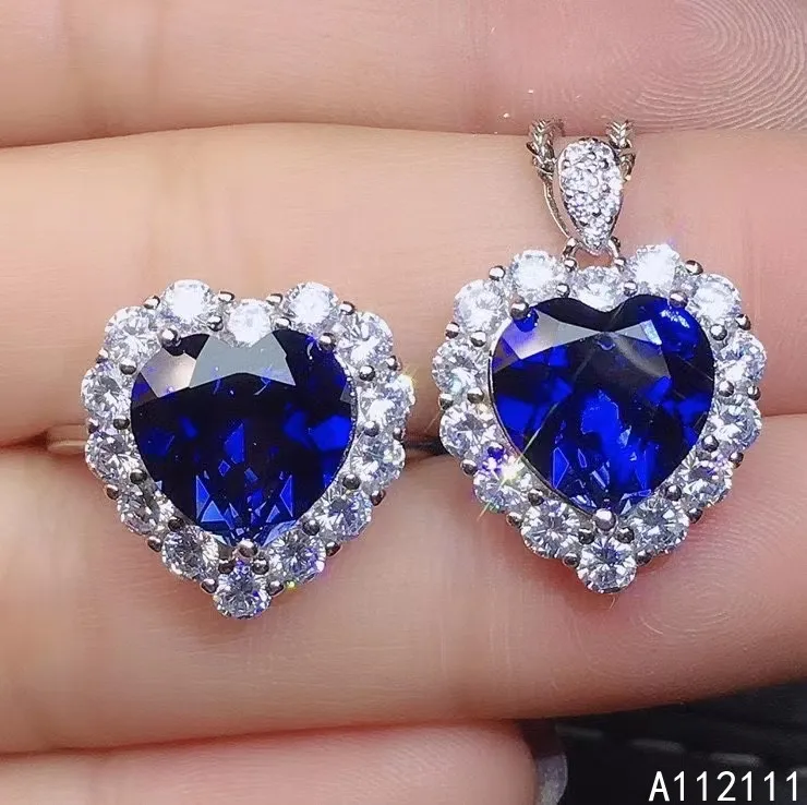 

Fine Jewelry 925 Pure Silver Inset With Large Gem Women's Luxury Fashion Heart Sapphire Pendant Adjustable Ring Set Support Dete