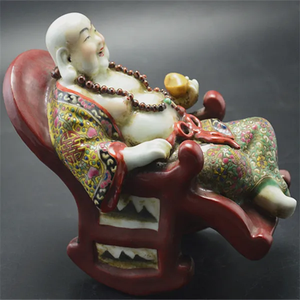 Antique Collection Old Chinese Pastel porcelian Rocking Chair Arhat Buddha