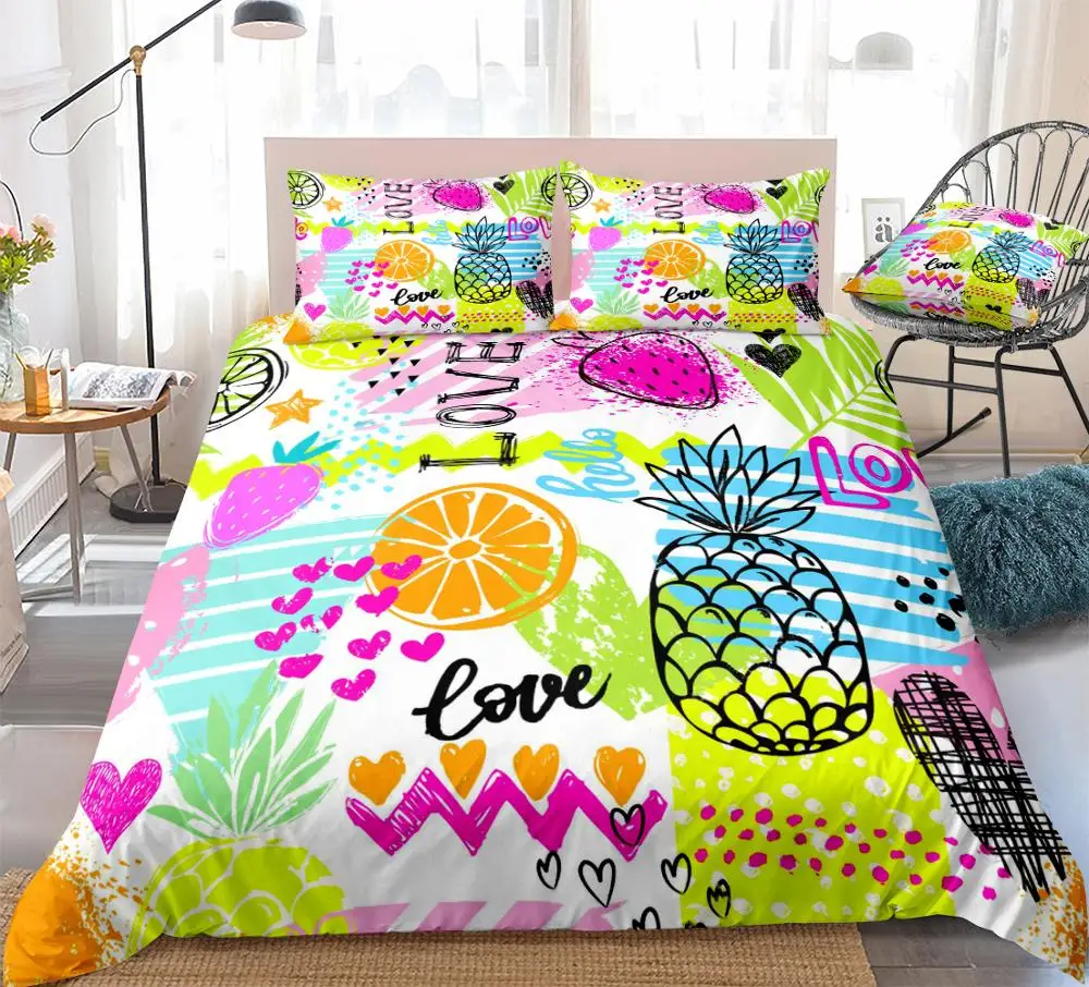 

Colorful Fruits Duvet Cover Set Pineapples Strawberries and Oranges Bed Set White Bedding Kids Girls 3pcs Rainbow Fruit Dropship