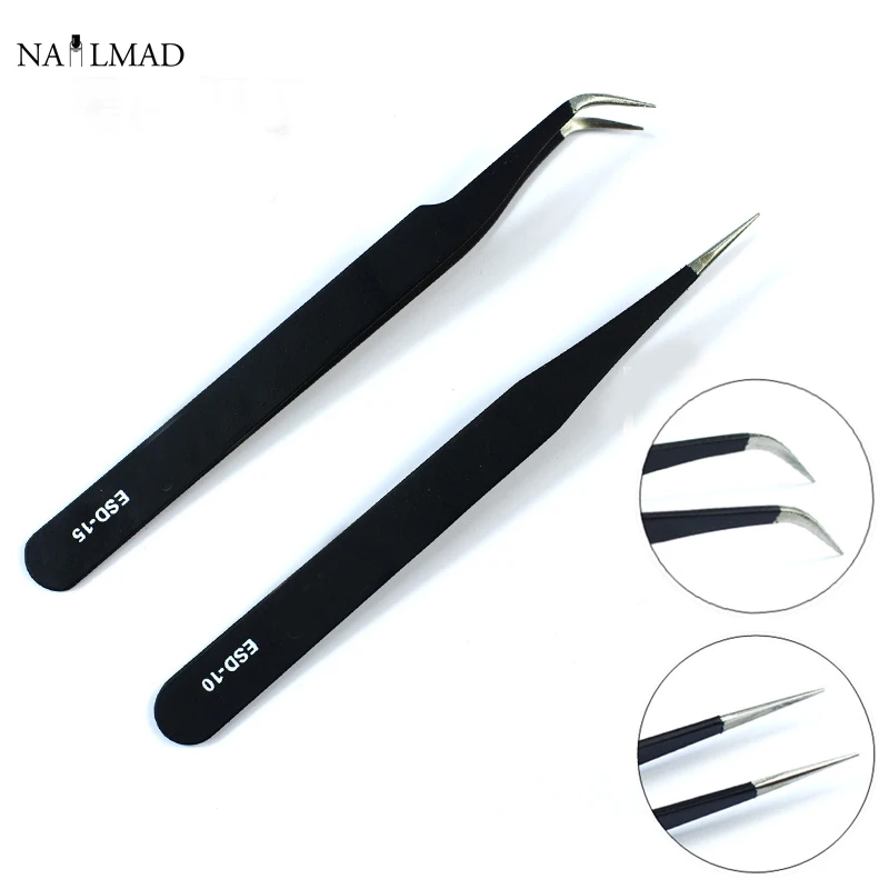 2pcs Black Straight + Curved Tweezers kit Nail Art False Eyelashes Extension Tweezers Nippers Pointed Clip Nail Art Tools