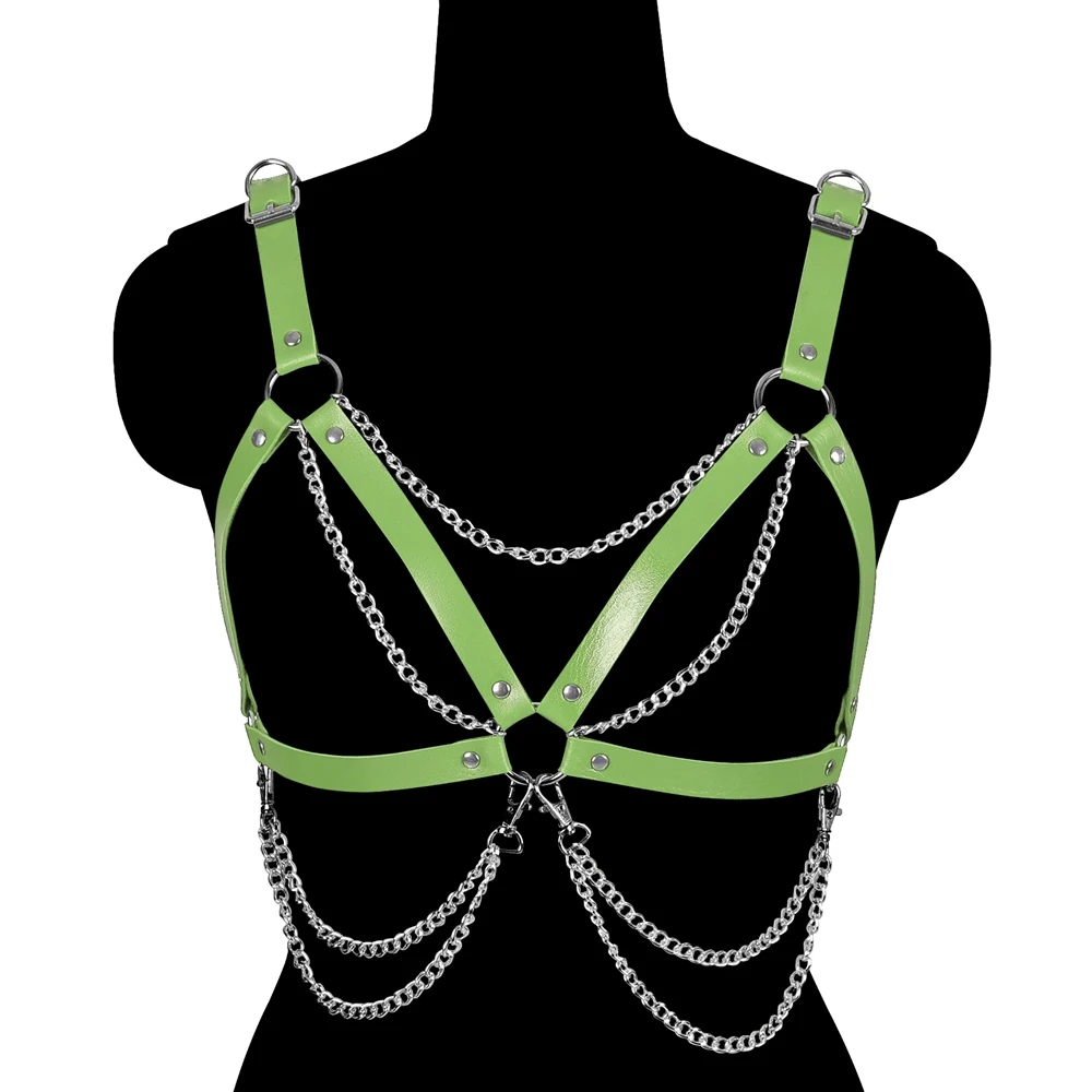 

Goth Leather Harness Cage Bra Punk Metal Chain Accessories Adjust Waistband Suspender Sexy Lingerie Dance Rave Body Garter Belt