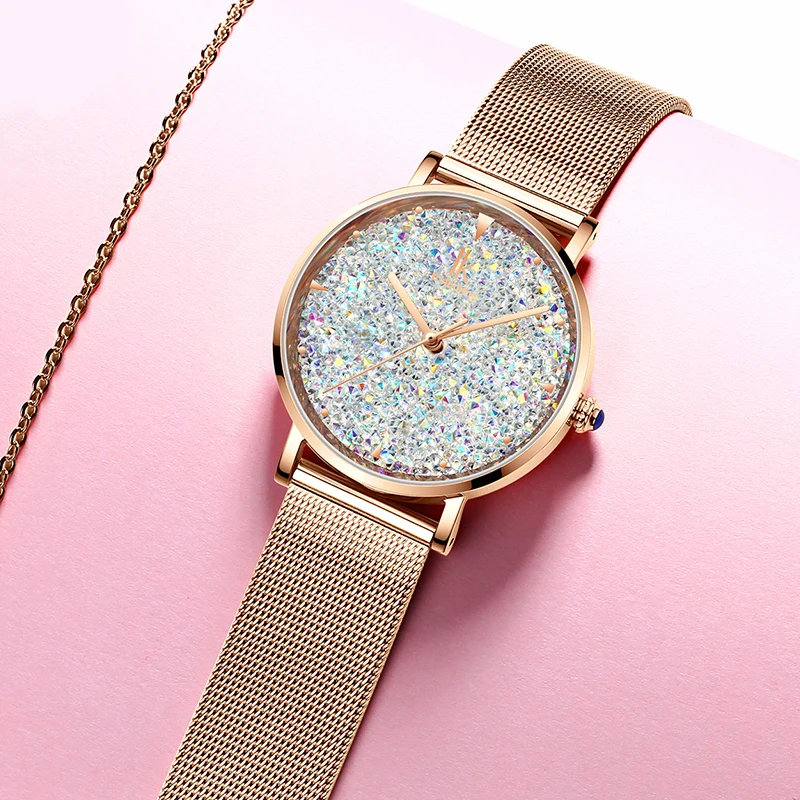 IK Colouring-reloj de cuarzo con cielo estrellado para mujer, pulsera de malla de acero inoxidable, femenino