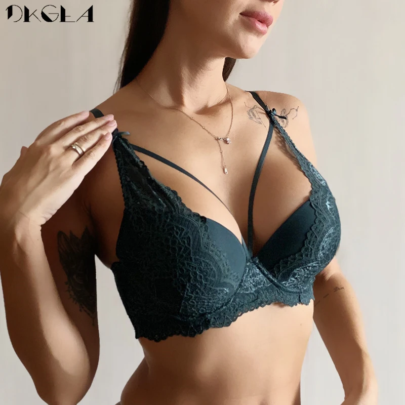 Fashion New Green Underwear Women Bra Push Up Brassiere A B C Cup Cotton Thick Black Gather Sexy Bra Embroidery Lace Lingerie