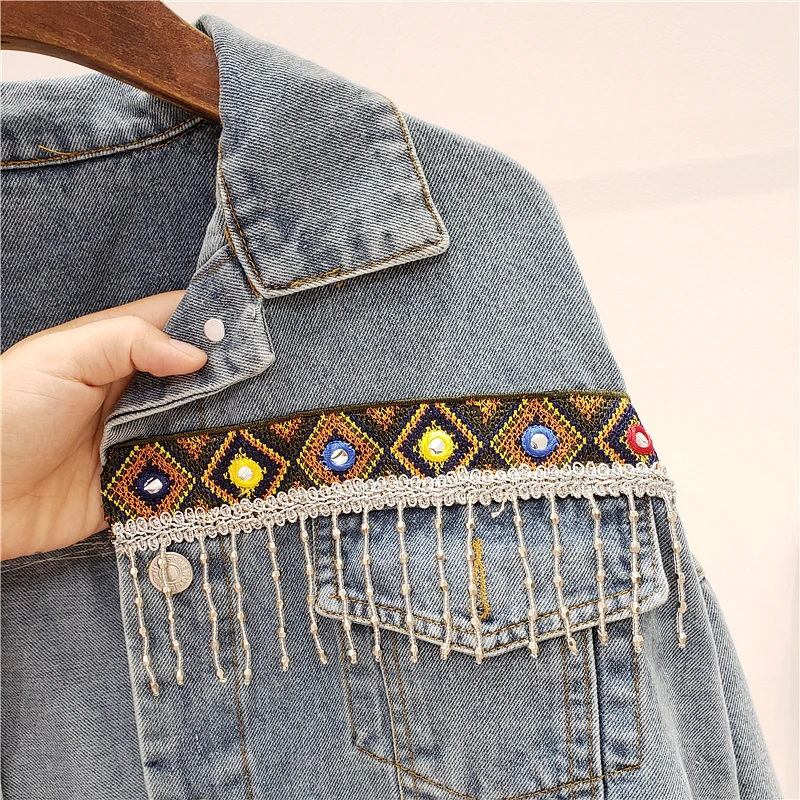 2024 Autumn Denim Jacket Vintage Jeans Jacket Coat Women Tassel Embroidery Flowers Denim Coat Loose Long Sleeve Female Outwear