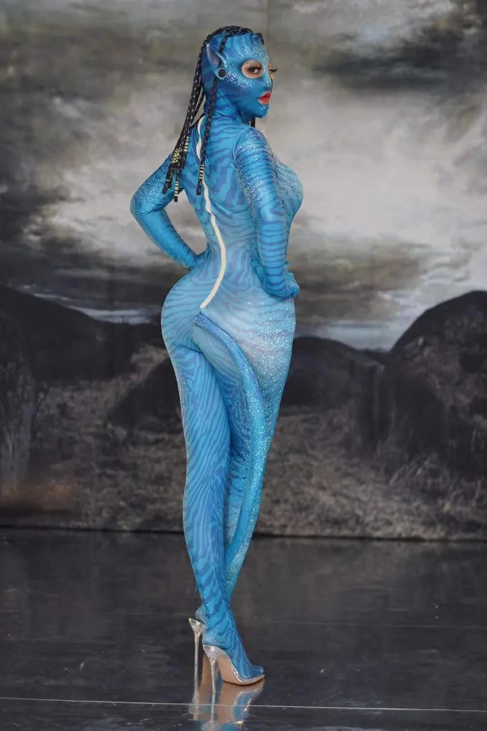 Sexy Avatar coverall bodysuit Nightclub stage jumpsuit halloween party cosplay costume women men blue jumpsuit tail 3 orders