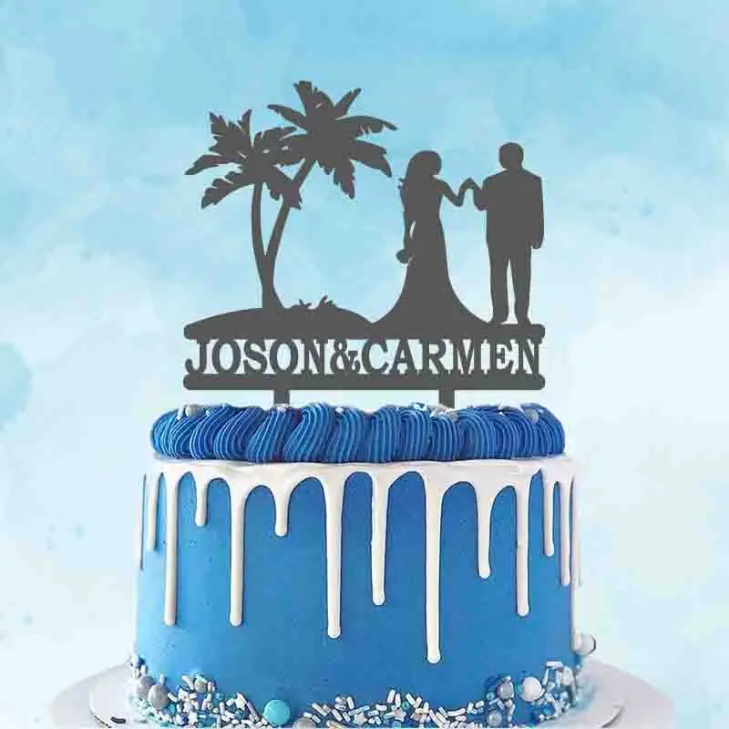 Custom Couple Name Island Beach Wedding Couple Under Palm Tree Wedding Cake Topper YC191