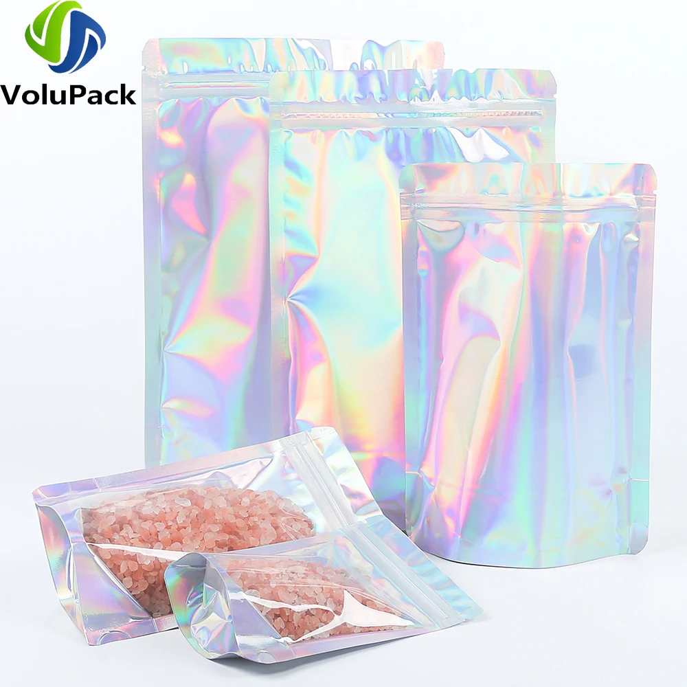 Clear Front Holographic Silver Pouches, Smell Proof Plastic Package, Ziplock Bags, Recicláveis Metallic Mylar Storage Bags, 100Pcs