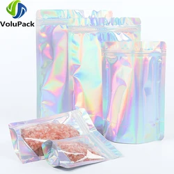 100PCS Smell Proof Plastic Package Ziplock Bags Clear Front Holographic Silver  Pouches Recyclable Metallic Mylar Storage Bags