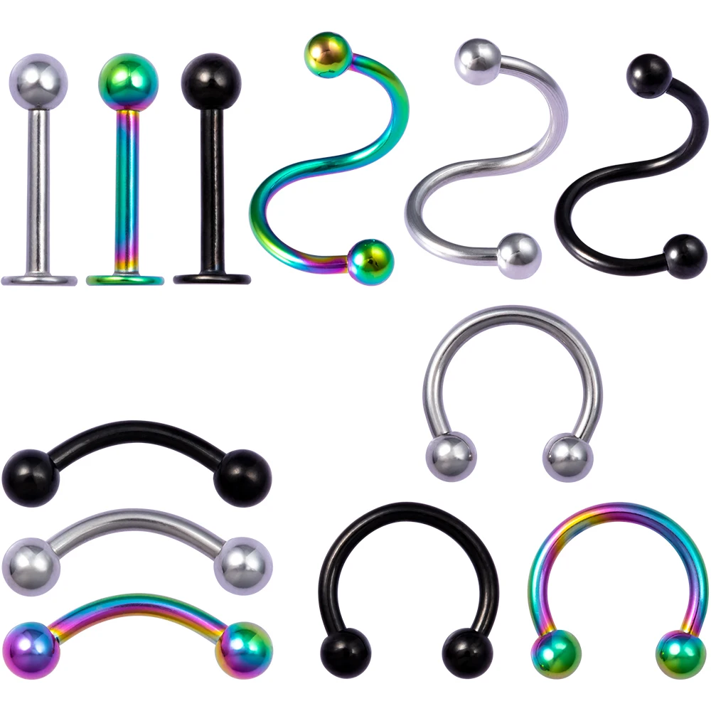 12PCS Mixed-pack Piercing Kits Stainless Steel 16G Nose Septum Lip Labret Eyebrow Ear Cartilage Tragus Helix Piercing Jewelry