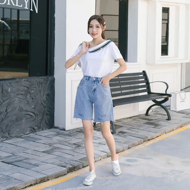 2021 summer new thin high waist loose straight denim shorts