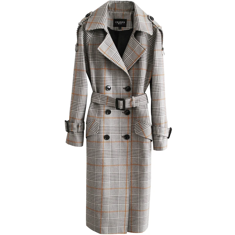 Quente nova xadrez feminina trench coat sobre o joelho windbreake outwear feminino primavera outono inglaterra double-breasted jaqueta solta