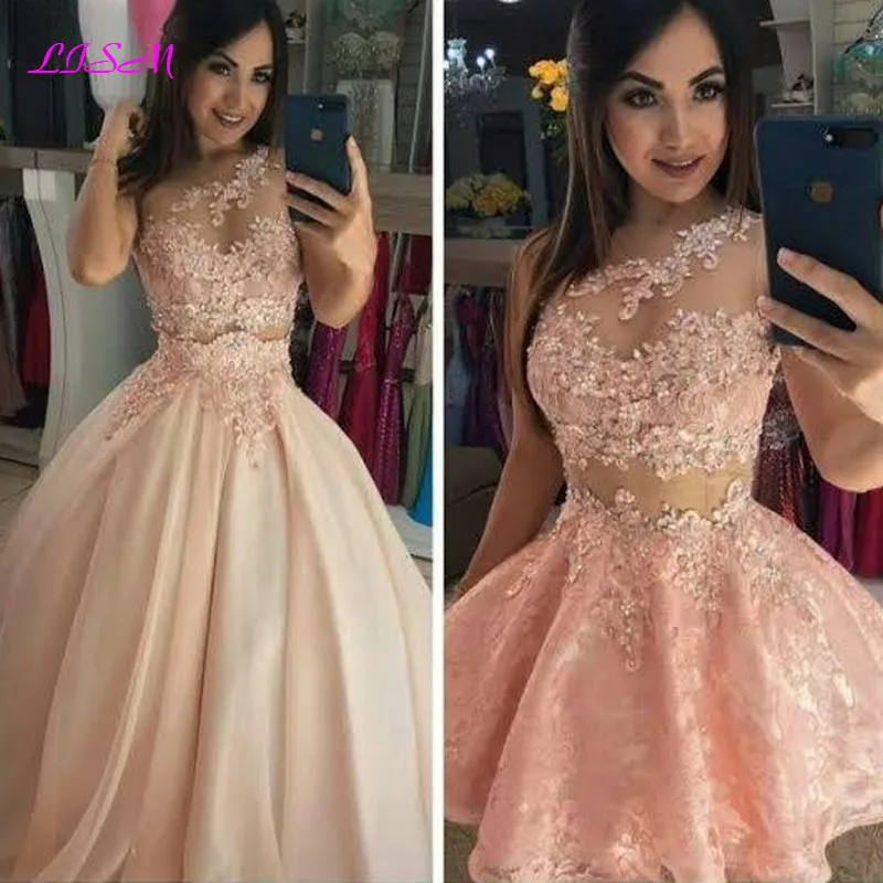 Blush Pink Lace Applique Two Pieces Prom Dresses 2 in 1 One Shoulder Pealrs Beads Short Party Gowns Quinceanera Dresss