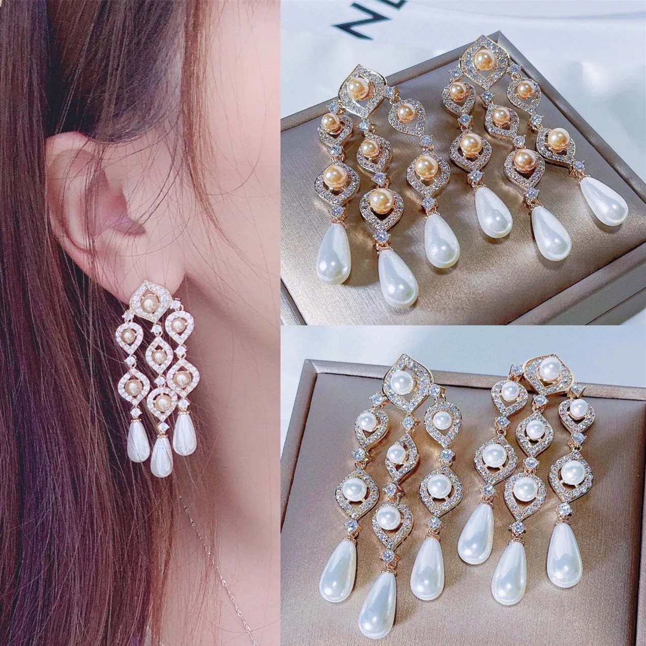 Bilincolor Fashion Silver Color White Pearl Tassel Baroque Drop Earring for Women Wedding