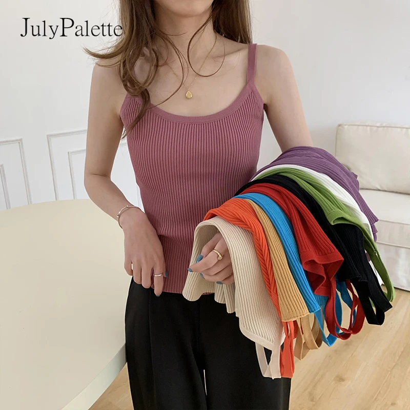 JulyPalette Sexy V-neck Female Knitted Camisoles 2022 Summer Casual Y2k Basic Women Sleeveless Crop Top Solid Tank Tops 10Colors