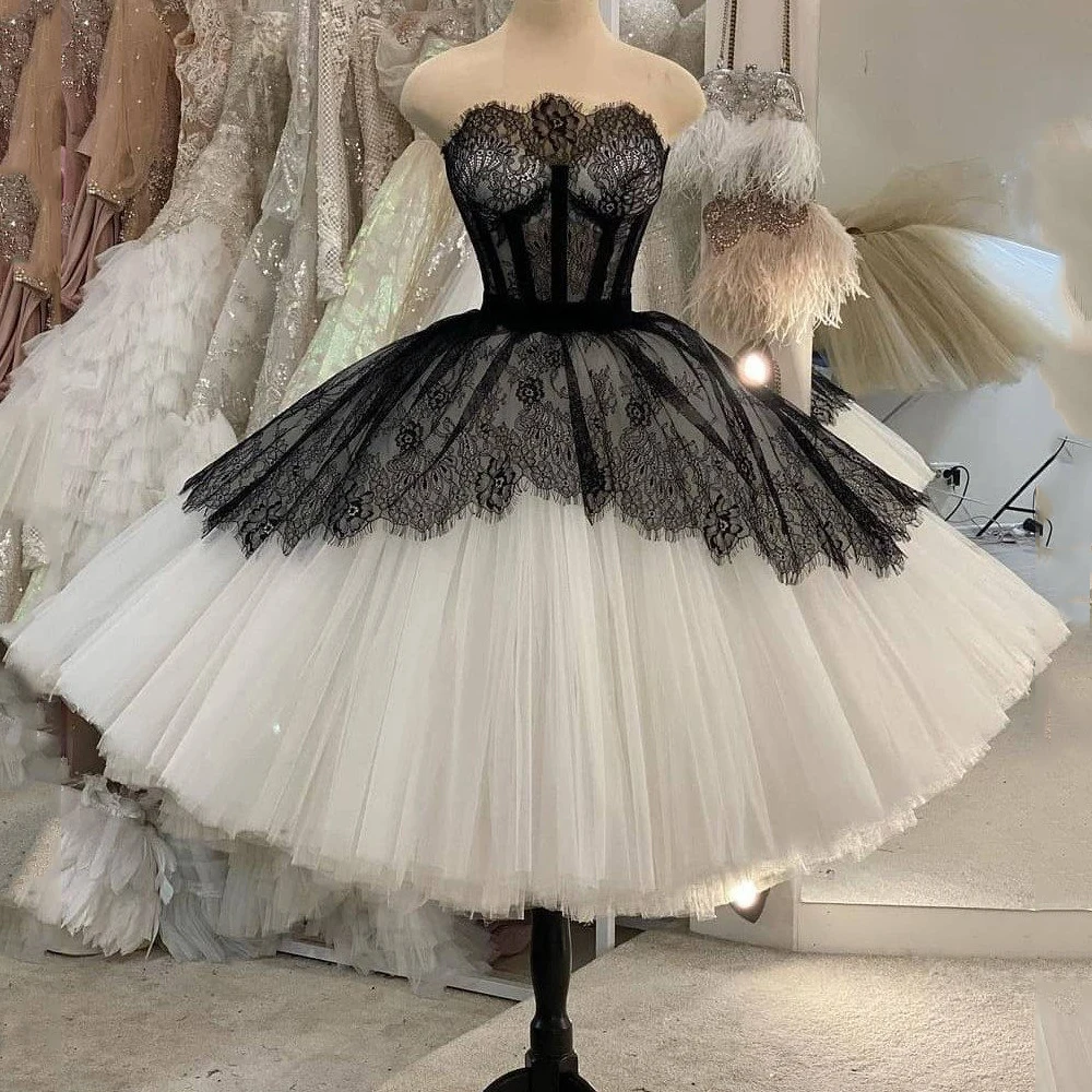 Short Princess Black Lace Gothic Wedding Dresses Strapless Ballet  Gown for Bride Robe De Mariee