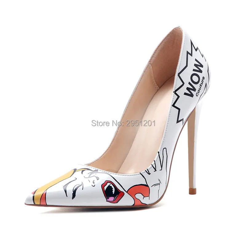 Top Brand White Black Printed High Heel Shoes Celebrity Popular Shallow Pumps 12cm Stiletto Heels Shoes 12CM Stage Shoes