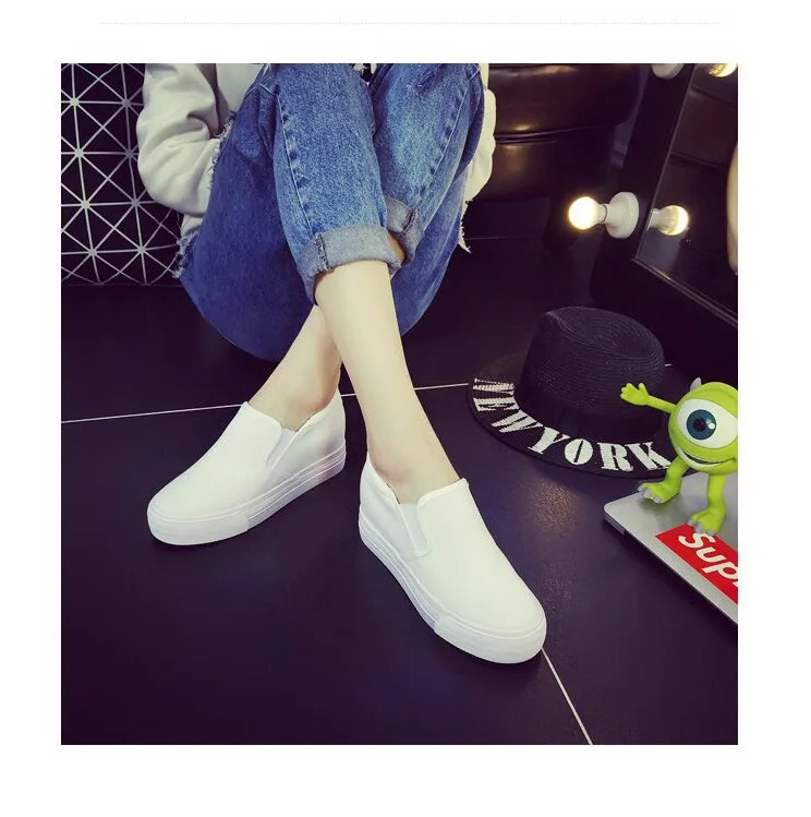 New Thick-soled Student Canvas Shoes Women's Pedal Shoes Increased 7cm Casual Black Shoes Zapatos De Mujer