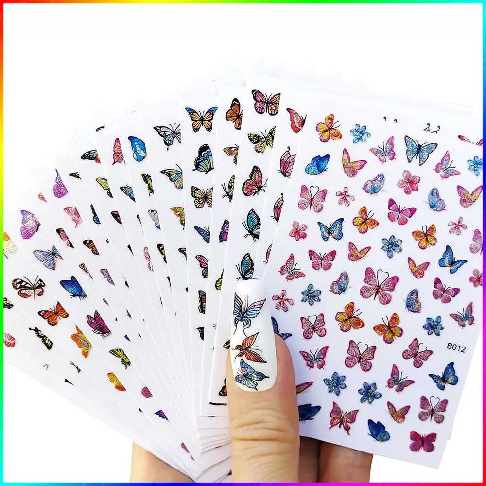 16PCS /Set Cute Butterfly Pattern Decal 3D Holographic Nail Stickers Kit For Nails Sliders Decorations Manicure Art Design 1