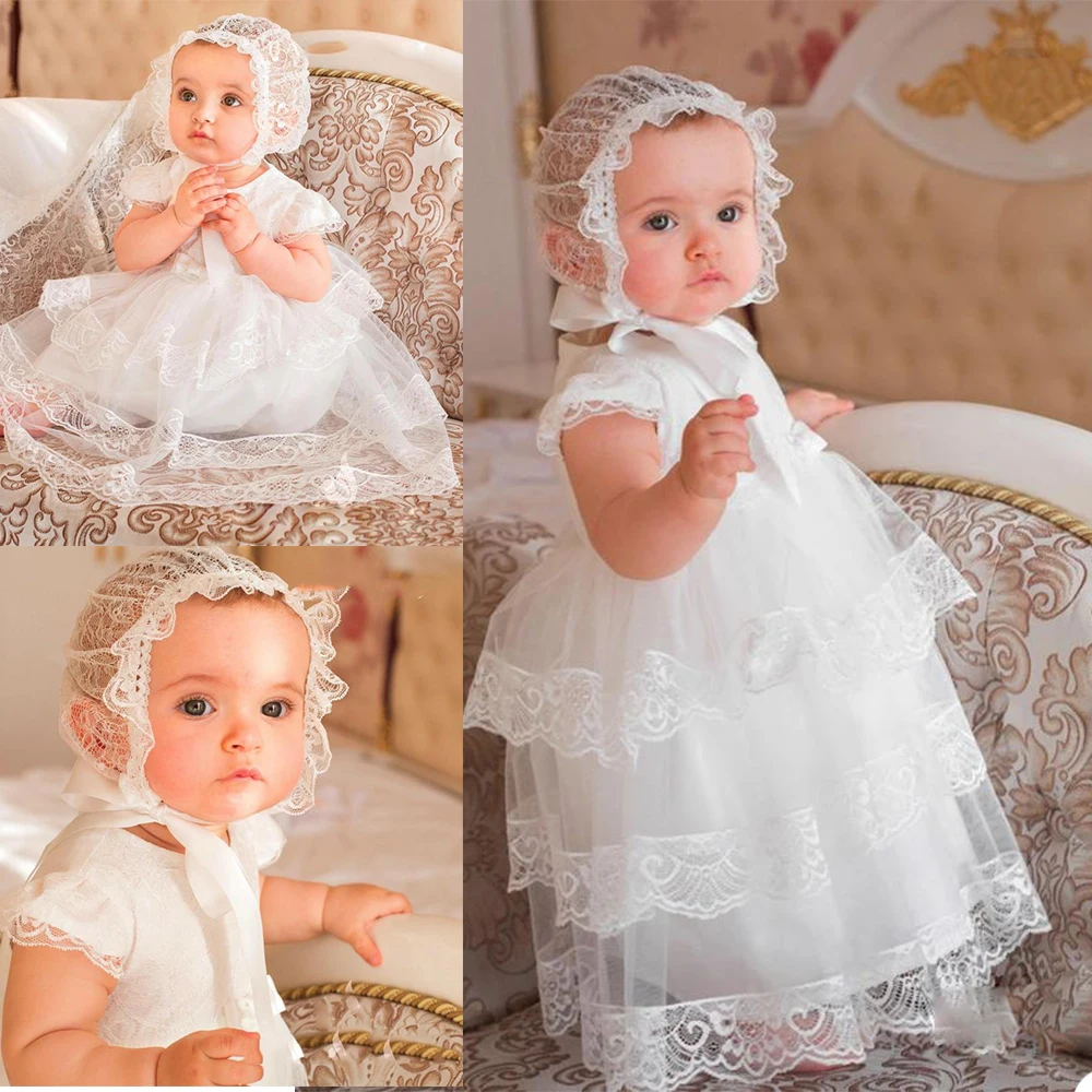 2021 Zachte Tulle Doopkleedjes Voor Schattige Baby Meisje Korte Mouw Applicaties Doop Jurken Met Bonnet Eerste Communicatie Dres