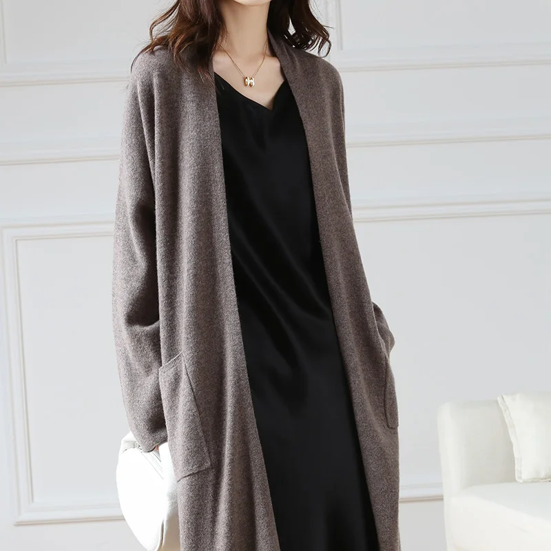 2023 Spring and Autumn Super Long Pure Wool Cardigan Women\'s Loose Large Size Thin Jacket V-neck Long Sleeve Sweater Knitted Top