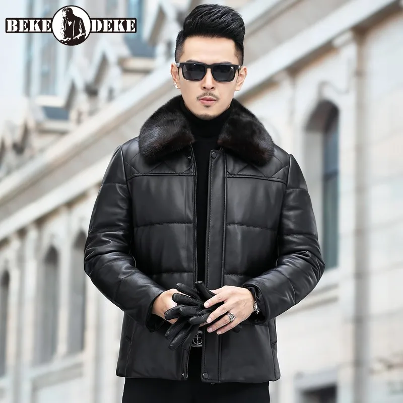 Winter Men Business Mink Fur Collar Detachable Sheepskin Down Coat Casual Warm Zipper Loose Genuine Leather Jackets Oversize 5XL