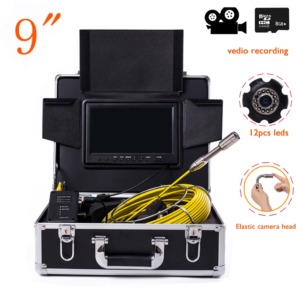 

New High Quality 20M Cable Pipeline Sewer Drain Inspection Endoscope Camera System 9"LCD Monitor With DVR 12Pcs White Led Lights