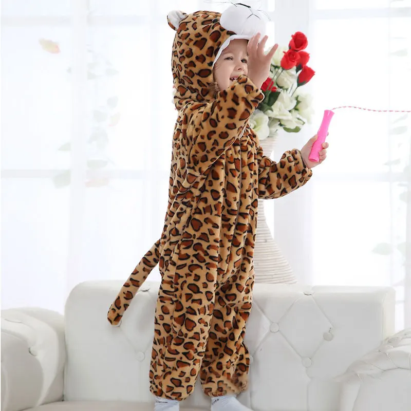 Leopard Cosplay Costume Baby Kigurumis Brown Panther Cartoon Animal Onesie Autumn Winter Warm Kid Pajama Carnival Halloween Suit