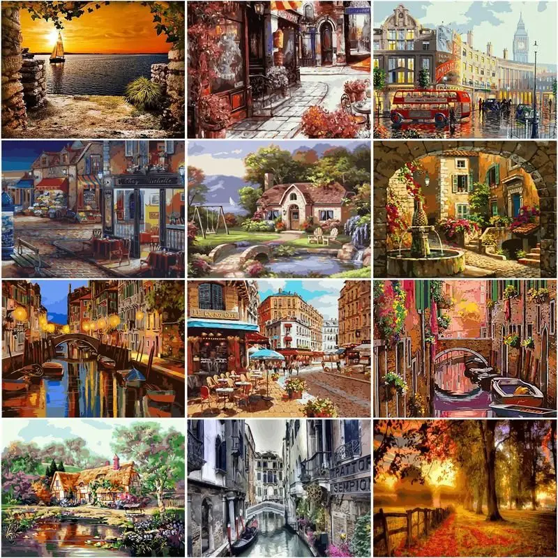 

RUOPOTY Acrylic Paint Frame Diy Painting By Numbers Kit 40x50cm City Street DIY Craft Scenery Canvas by numbers For Home Decor