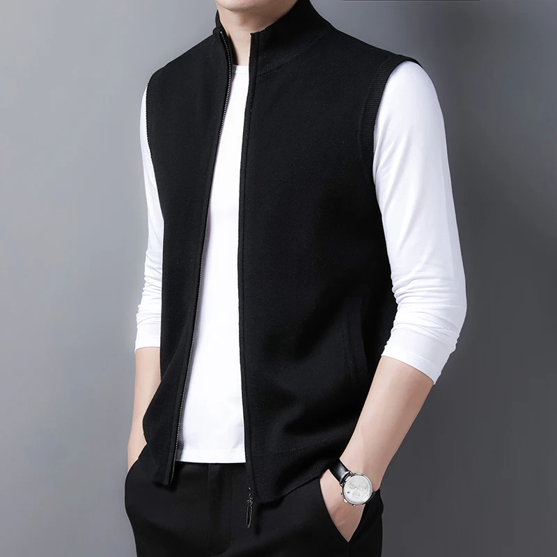 Man Thick Wool Cardigan Casual Mandarin Collar Sweater Vest Male Sleeveless Solid Color Knit Coat