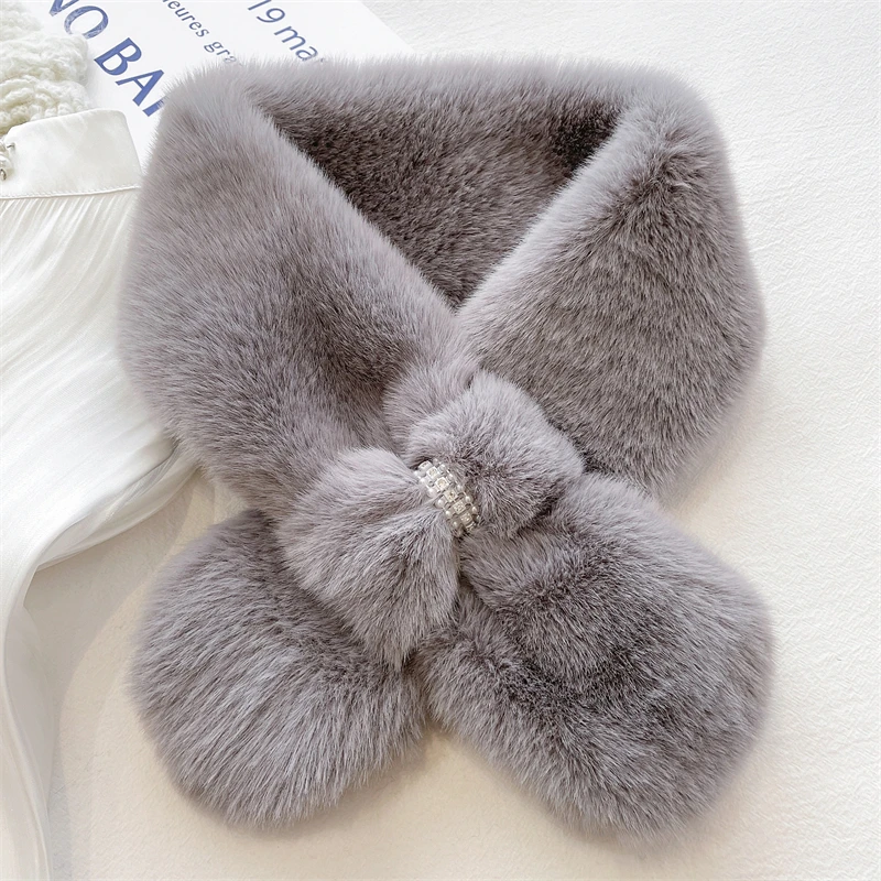 Fashion Solid Color Bow Pearl Diamond Plush Scarf Woman\'s Winter Outdoor Neck Guard Rabbit Fur Collar Knit Thick warm Shawl T42