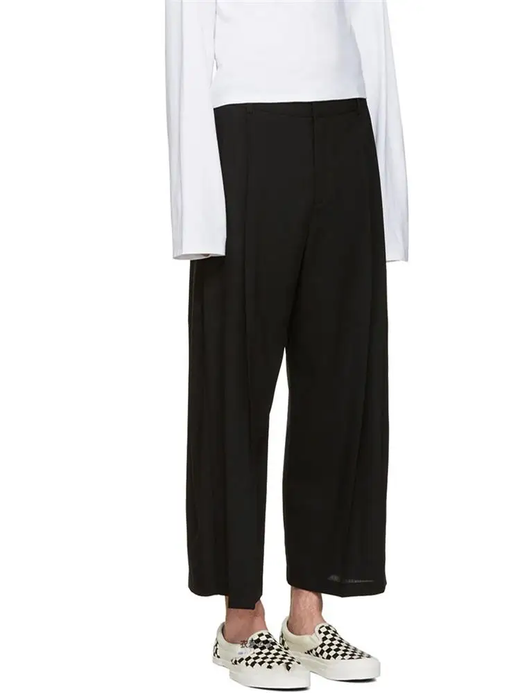 Moda masculina nova solta tamanho grande calças de perna larga preto casual drape nove cent calças vestido de cantor